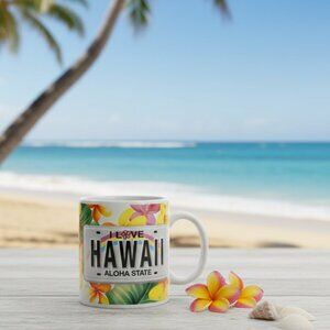 I Love Hawaii Aloha State Souvenir Coffee Cup Mug by Plumeria License Plate ABC